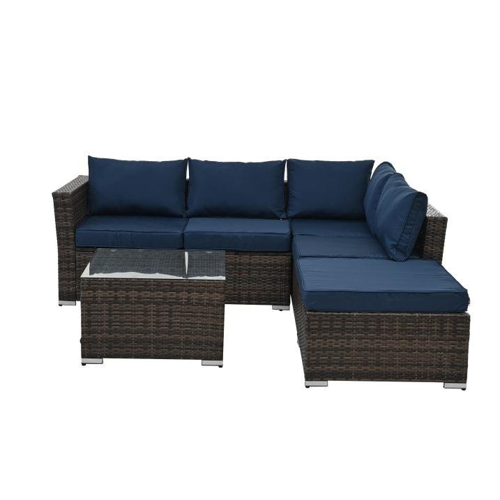 Mobilier de jardin, mobilier d'extérieur, mobilier saisonnier en osier PE, ensemble de 4 meubles en osier avec table basse en verre trempé
