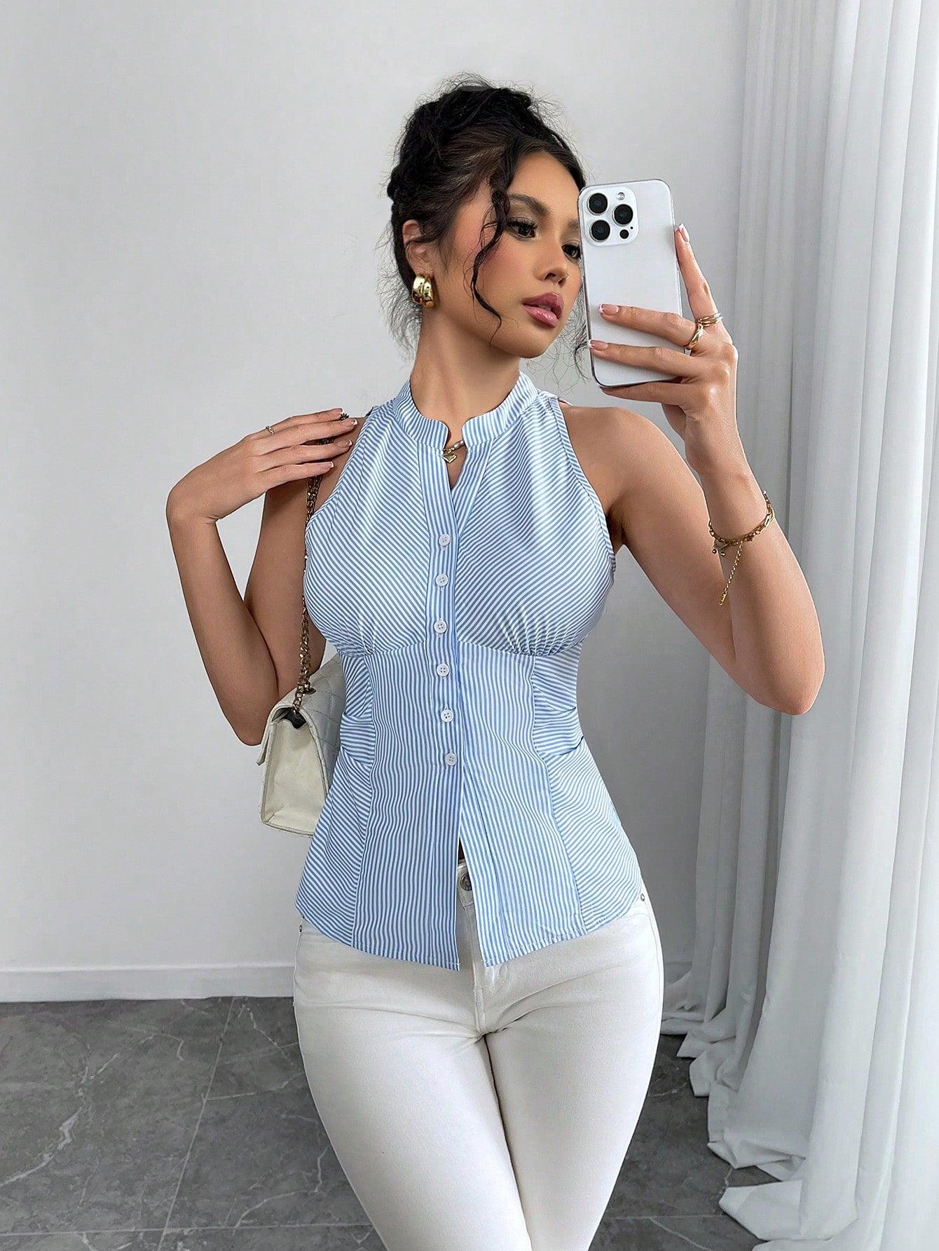 Rafferiza Women's Casual Striped Front Buttoned Halter Neck Shirt - Grivelo