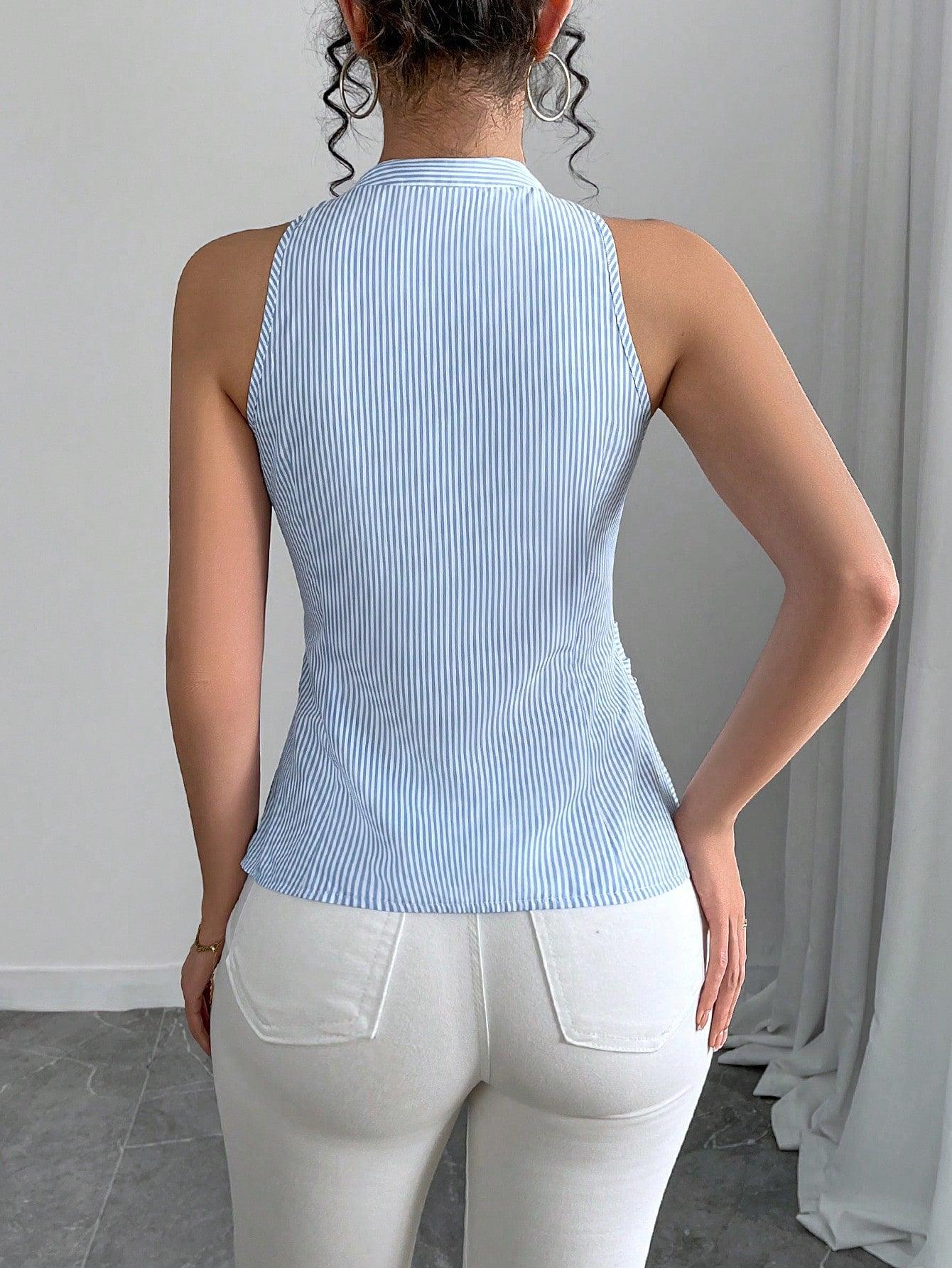 Rafferiza Women's Casual Striped Front Buttoned Halter Neck Shirt - Grivelo
