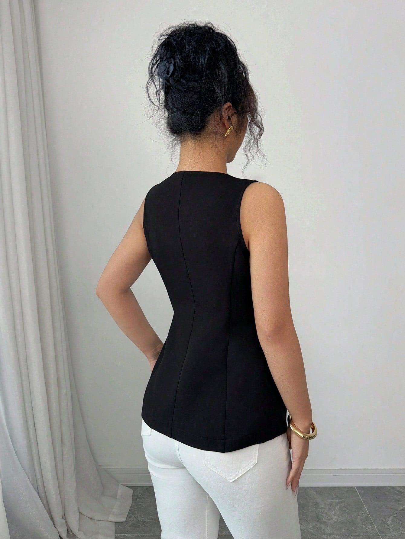 Elenzga Women's Elegant Office/Casual Pearl Button V-Neck Sleeveless Blouse - Grivelo