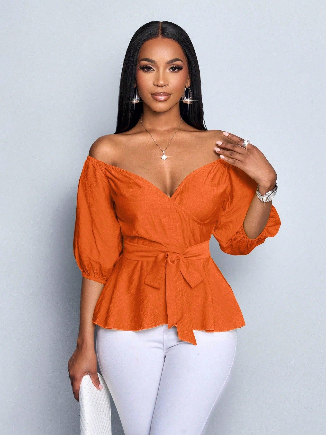 SOLERSUN Women's Elegant Vacation Blouse Top One Shoulder Puff Sleeve Waist Tie - Grivelo