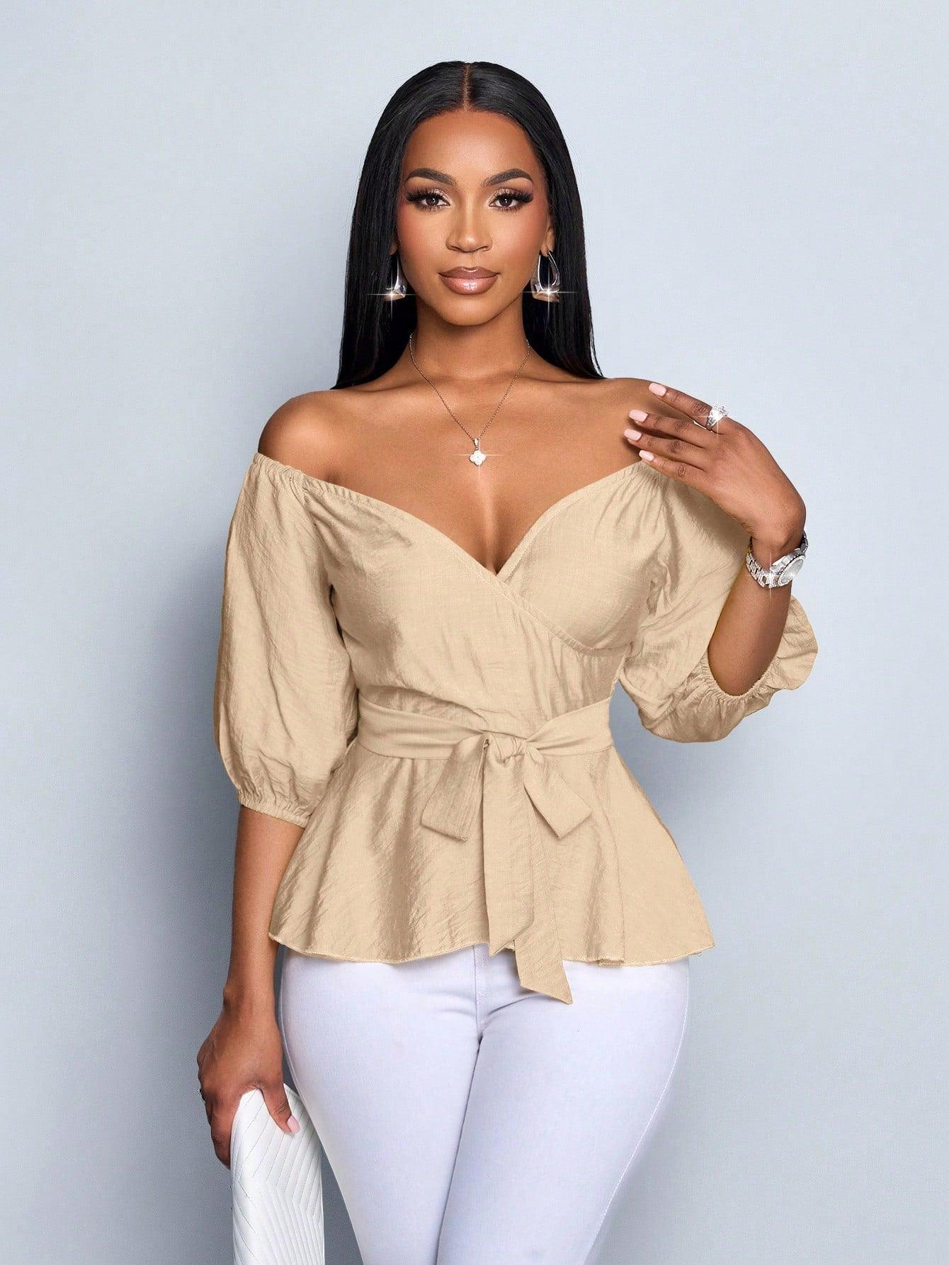 SOLERSUN Women's Elegant Vacation Blouse Top One Shoulder Puff Sleeve Waist Tie - Grivelo