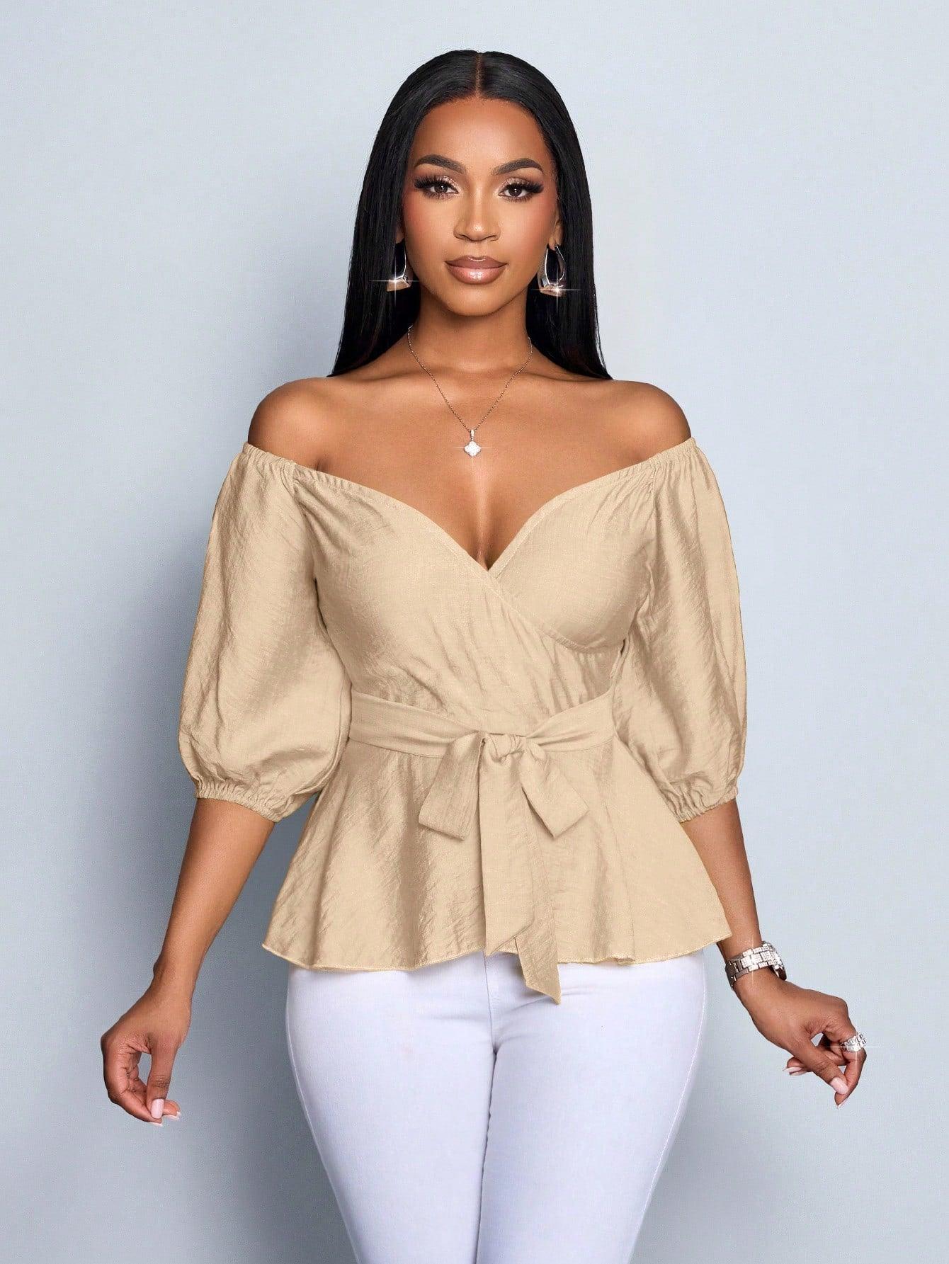 SOLERSUN Women's Elegant Vacation Blouse Top One Shoulder Puff Sleeve Waist Tie - Grivelo