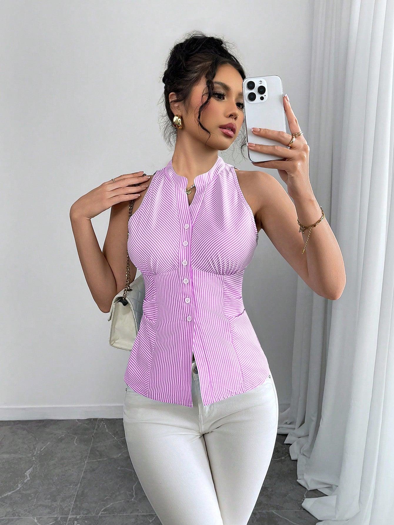 Rafferiza Women's Casual Striped Front Buttoned Halter Neck Shirt - Grivelo