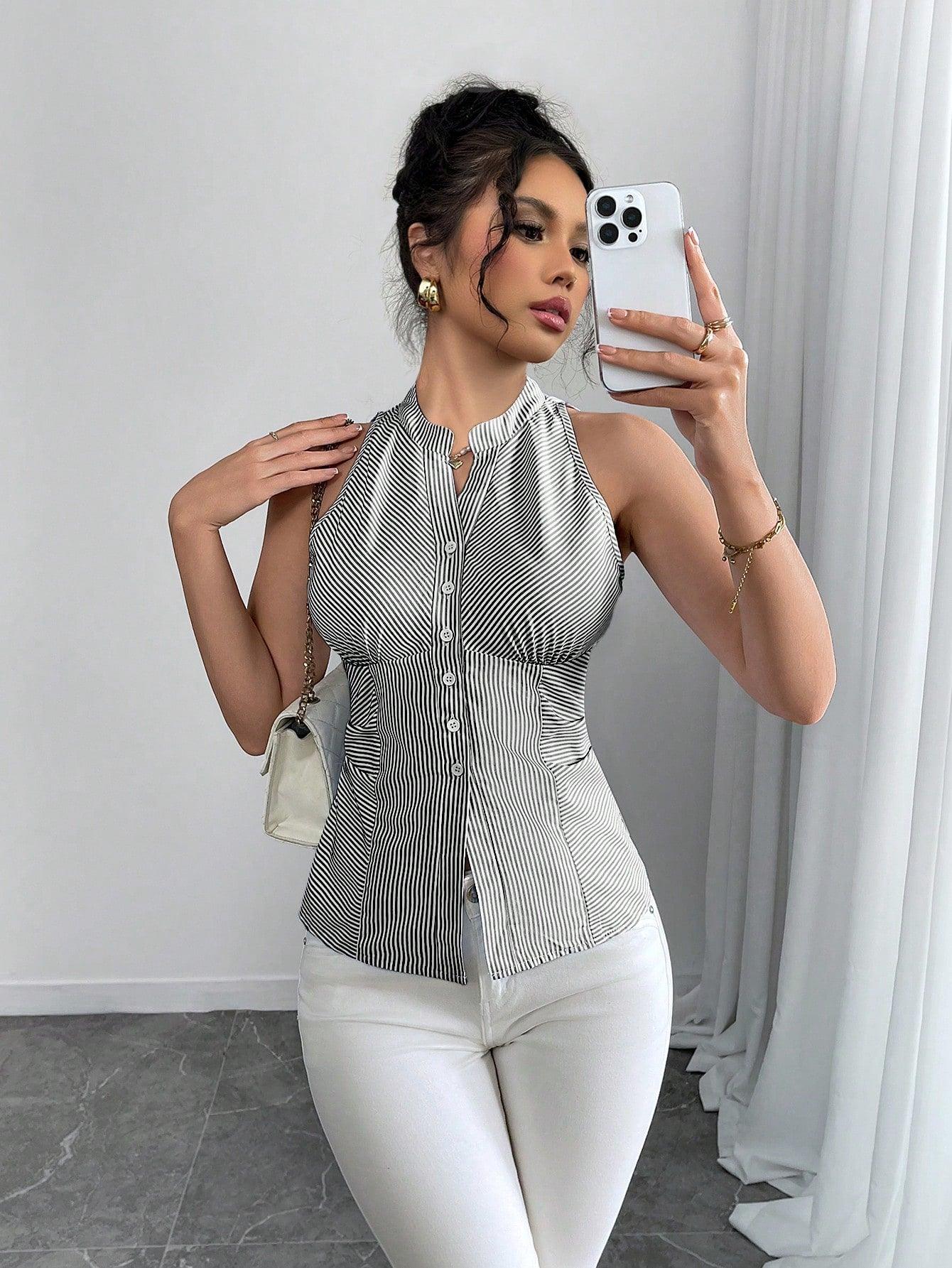 Rafferiza Women's Casual Striped Front Buttoned Halter Neck Shirt - Grivelo