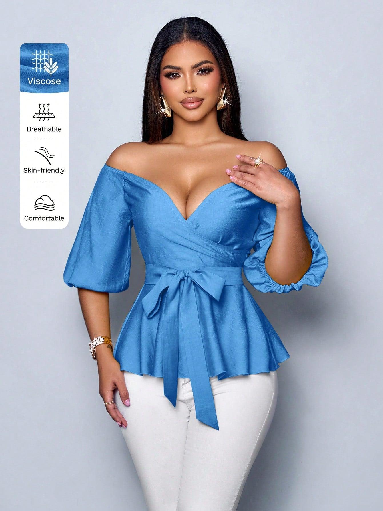 SOLERSUN Women's Elegant Vacation Blouse Top One Shoulder Puff Sleeve Waist Tie - Grivelo