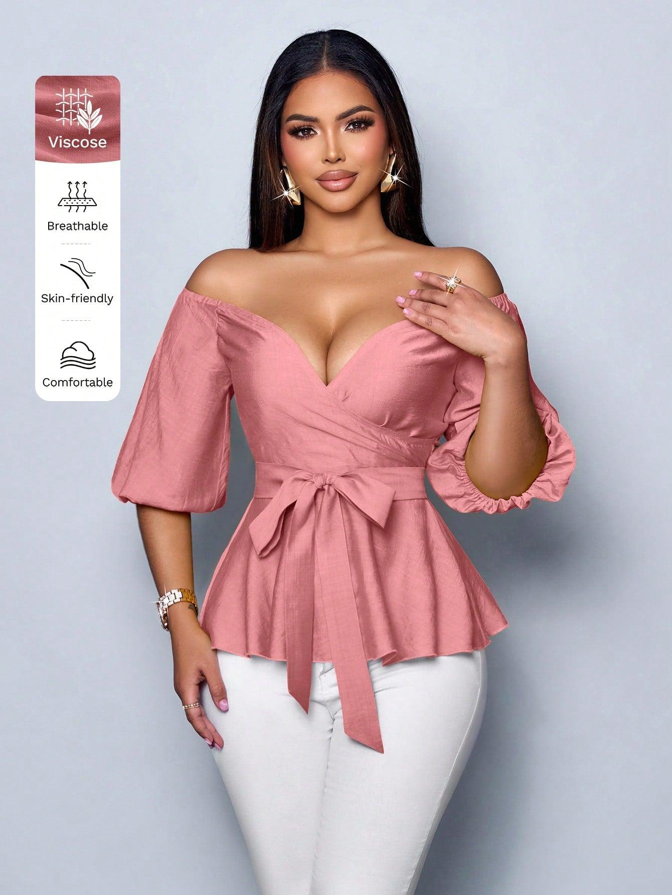 SOLERSUN Women's Elegant Vacation Blouse Top One Shoulder Puff Sleeve Waist Tie - Grivelo