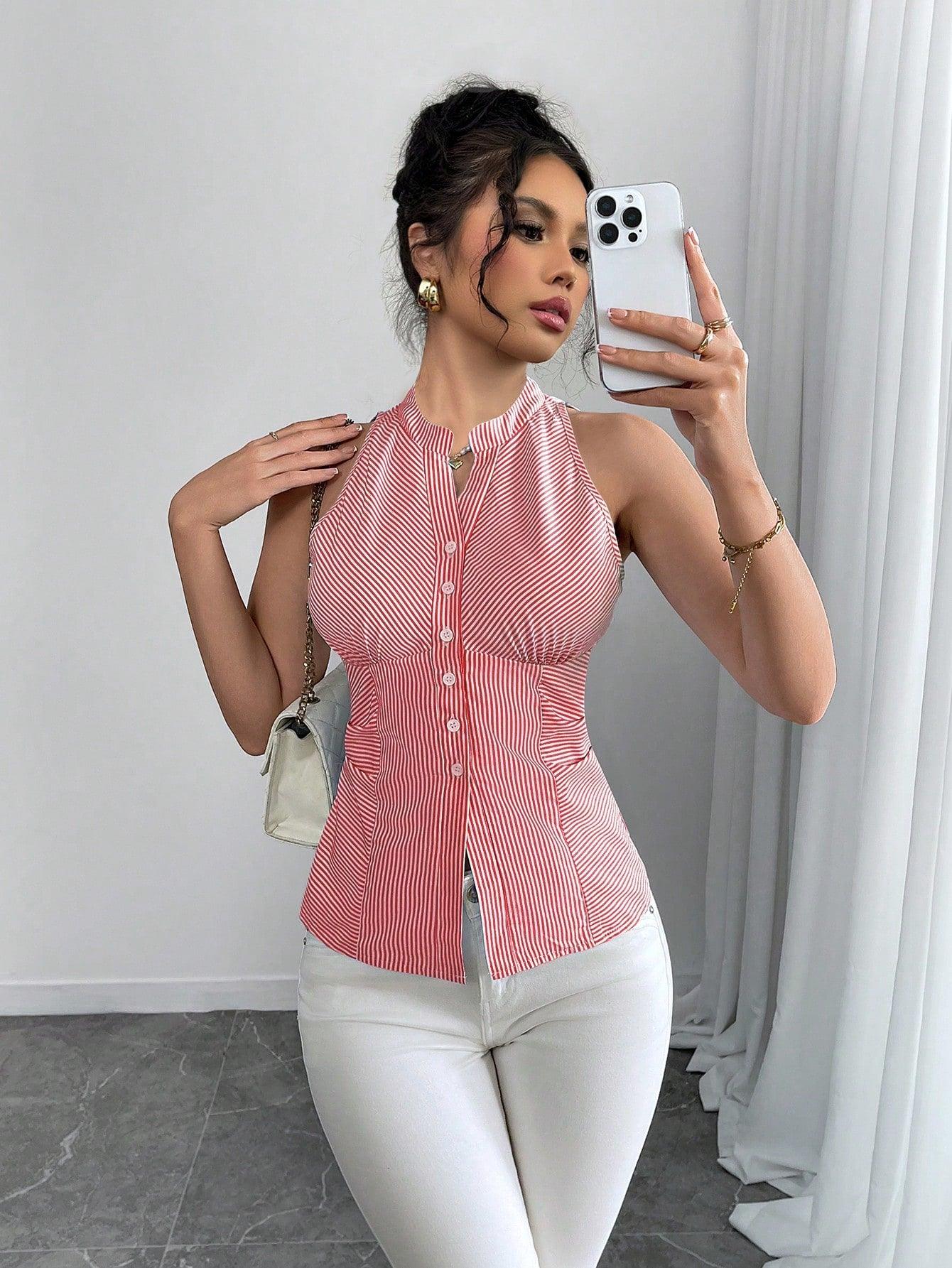 Rafferiza Women's Casual Striped Front Buttoned Halter Neck Shirt - Grivelo