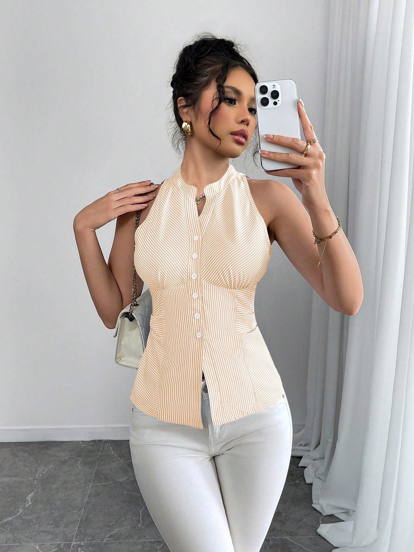 Rafferiza Women's Casual Striped Front Buttoned Halter Neck Shirt - Grivelo