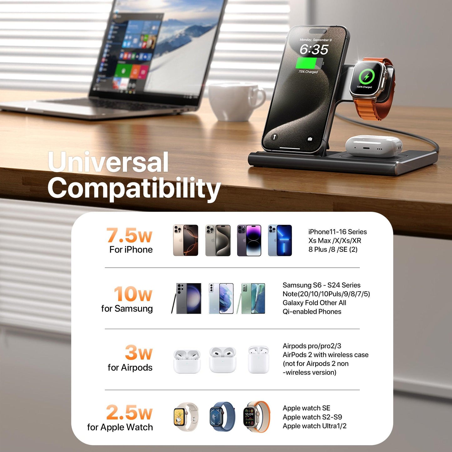 Station de charge sans fil 3 en 1 pour plusieurs appareils, support de charge rapide 15 W