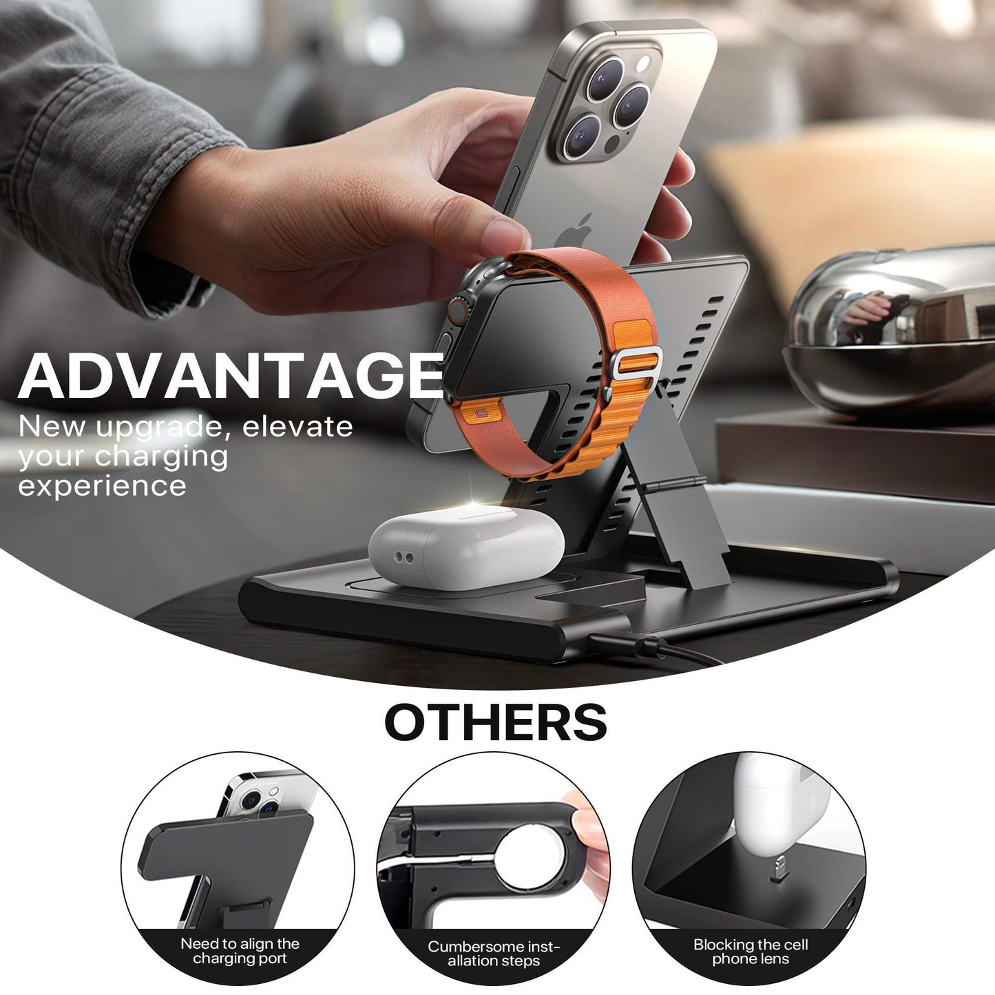 Station de charge sans fil 3 en 1 pour plusieurs appareils, support de charge rapide 15 W