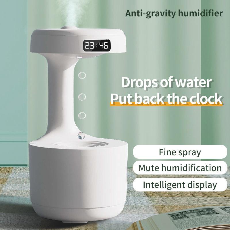 Humidificateur anti-gravité pour chambre à coucher avec horloge, diffuseur d'arômes à reflux en forme de goutte d'eau, grande capacité, silencieux, pour bureau, chambre à coucher, brumisateur domestique