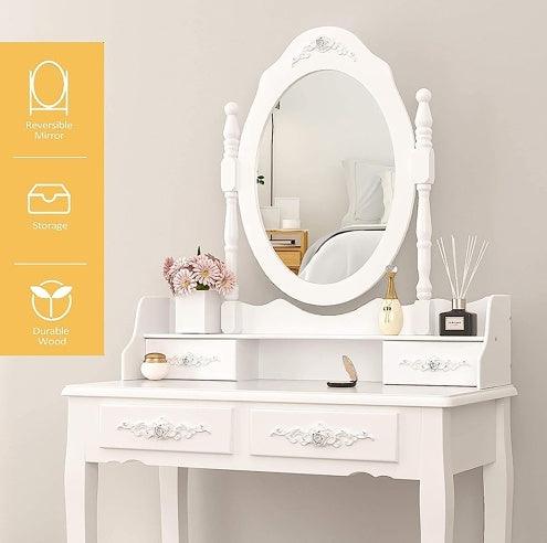 Ensemble coiffeuse 4 tiroirs, coiffeuse avec tabouret rembourré, ensemble de meubles de chambre pour filles et femmes avec miroir ovale