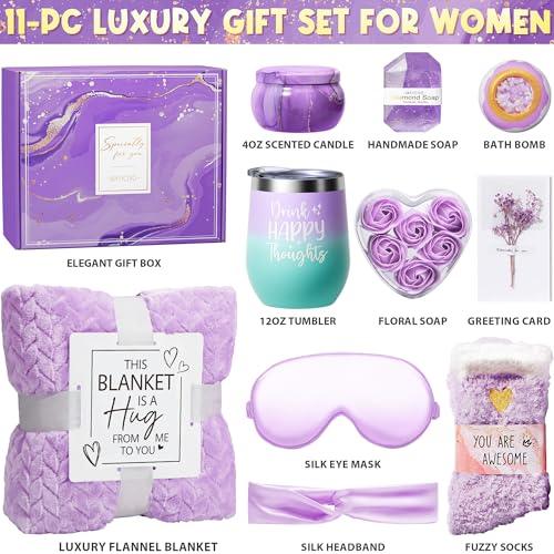 Birthday Gifts for Women Self Care Gifts Get Well Soon Gifts, Rose Relaxing Spa Gifts Basket Care Package w/ Luxury Flannel Blanket, Unique Mothers Day Gifts for Mom Her Friend Sister Wife Grandma