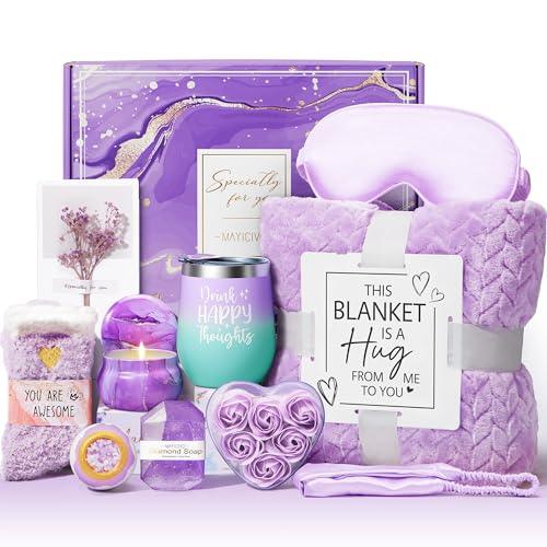 Birthday Gifts for Women Self Care Gifts Get Well Soon Gifts, Rose Relaxing Spa Gifts Basket Care Package w/ Luxury Flannel Blanket, Unique Mothers Day Gifts for Mom Her Friend Sister Wife Grandma