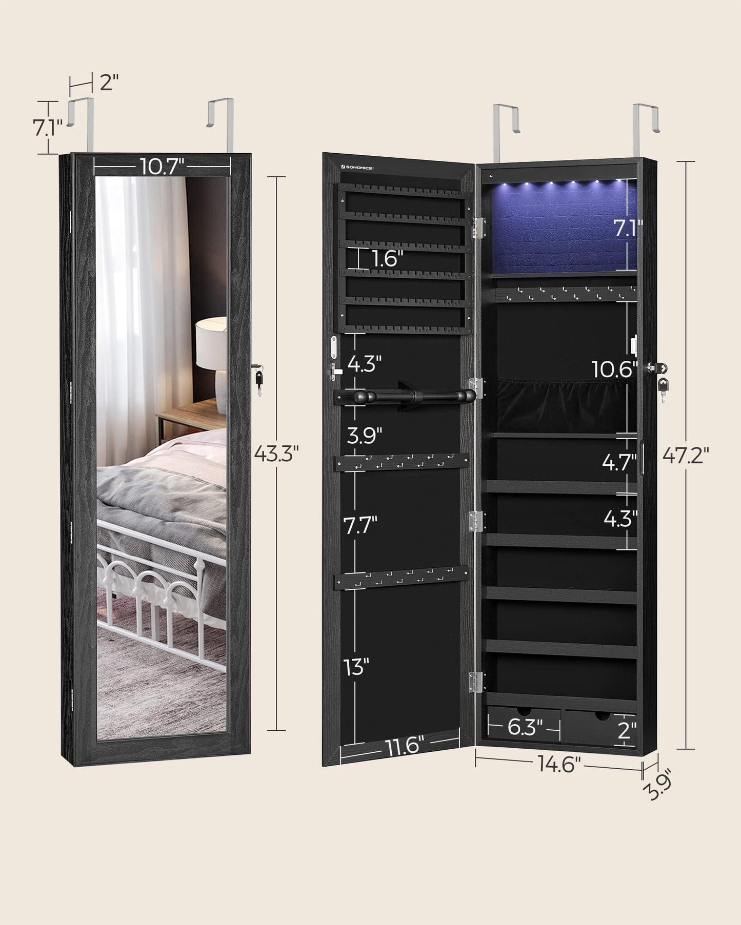 SONGMICS 6 LEDs Mirror Jewelry Cabinet, 47.2-Inch Tall Lockable Wall or Door Mounted Jewelry Armoire Organizer with Mirror, 2 Drawers, 3.9 x 14.6 x 47.2 Inches, White UJJC93W