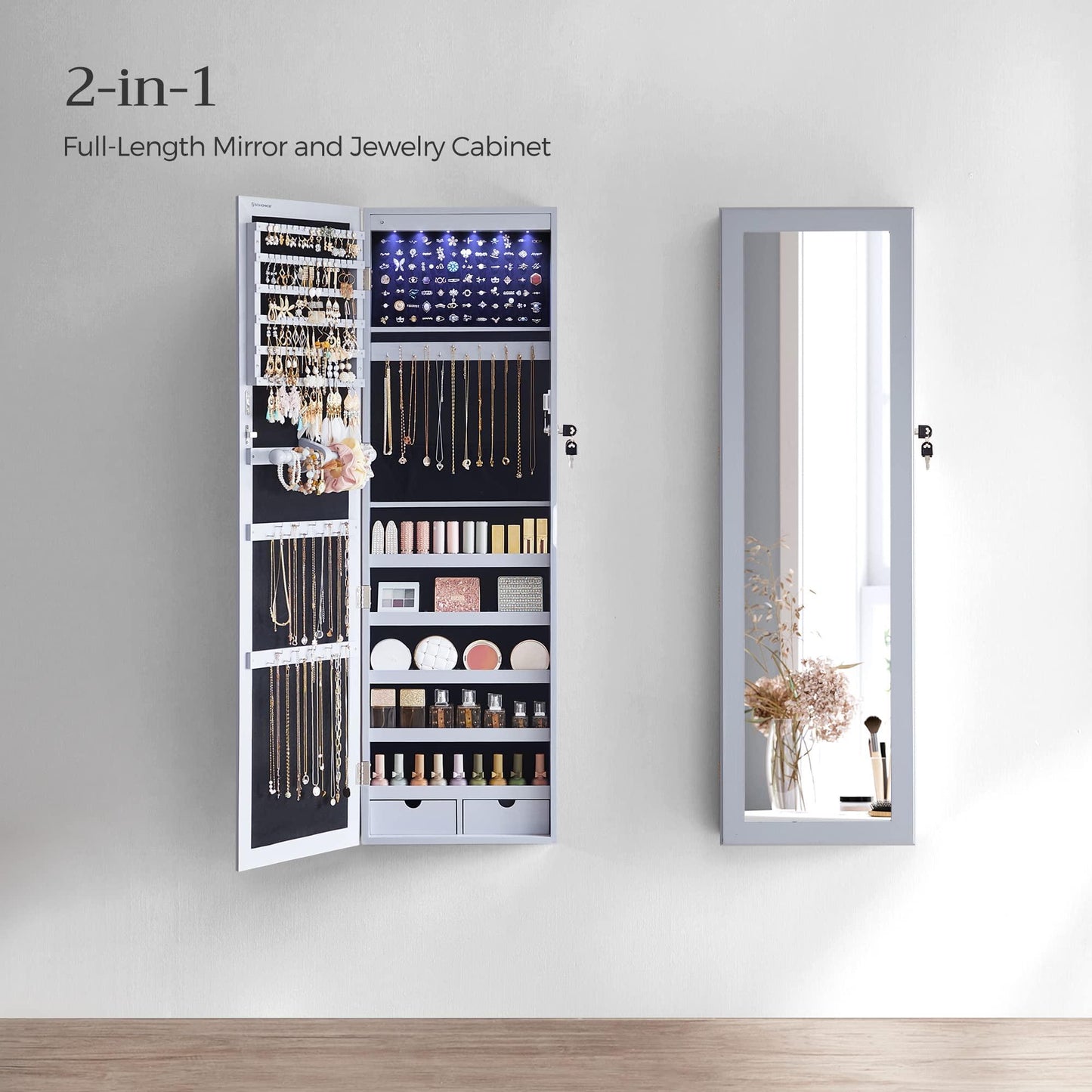 SONGMICS 6 LEDs Mirror Jewelry Cabinet, 47.2-Inch Tall Lockable Wall or Door Mounted Jewelry Armoire Organizer with Mirror, 2 Drawers, 3.9 x 14.6 x 47.2 Inches, White UJJC93W