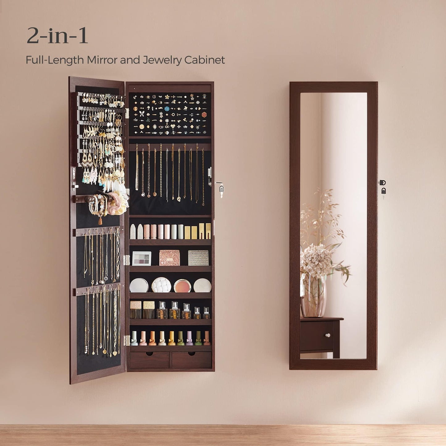 SONGMICS 6 LEDs Mirror Jewelry Cabinet, 47.2-Inch Tall Lockable Wall or Door Mounted Jewelry Armoire Organizer with Mirror, 2 Drawers, 3.9 x 14.6 x 47.2 Inches, White UJJC93W