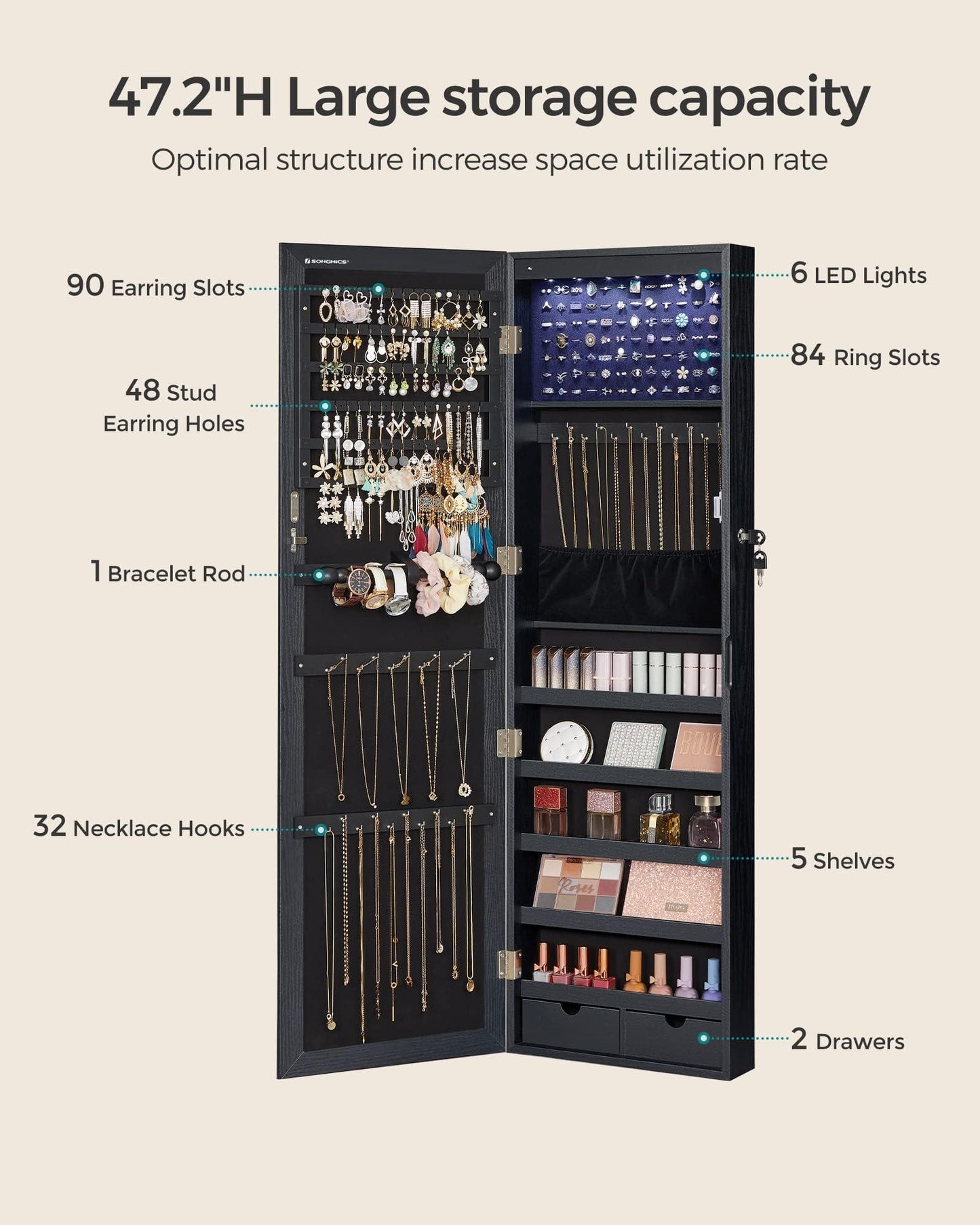 SONGMICS 6 LEDs Mirror Jewelry Cabinet, 47.2-Inch Tall Lockable Wall or Door Mounted Jewelry Armoire Organizer with Mirror, 2 Drawers, 3.9 x 14.6 x 47.2 Inches, White UJJC93W