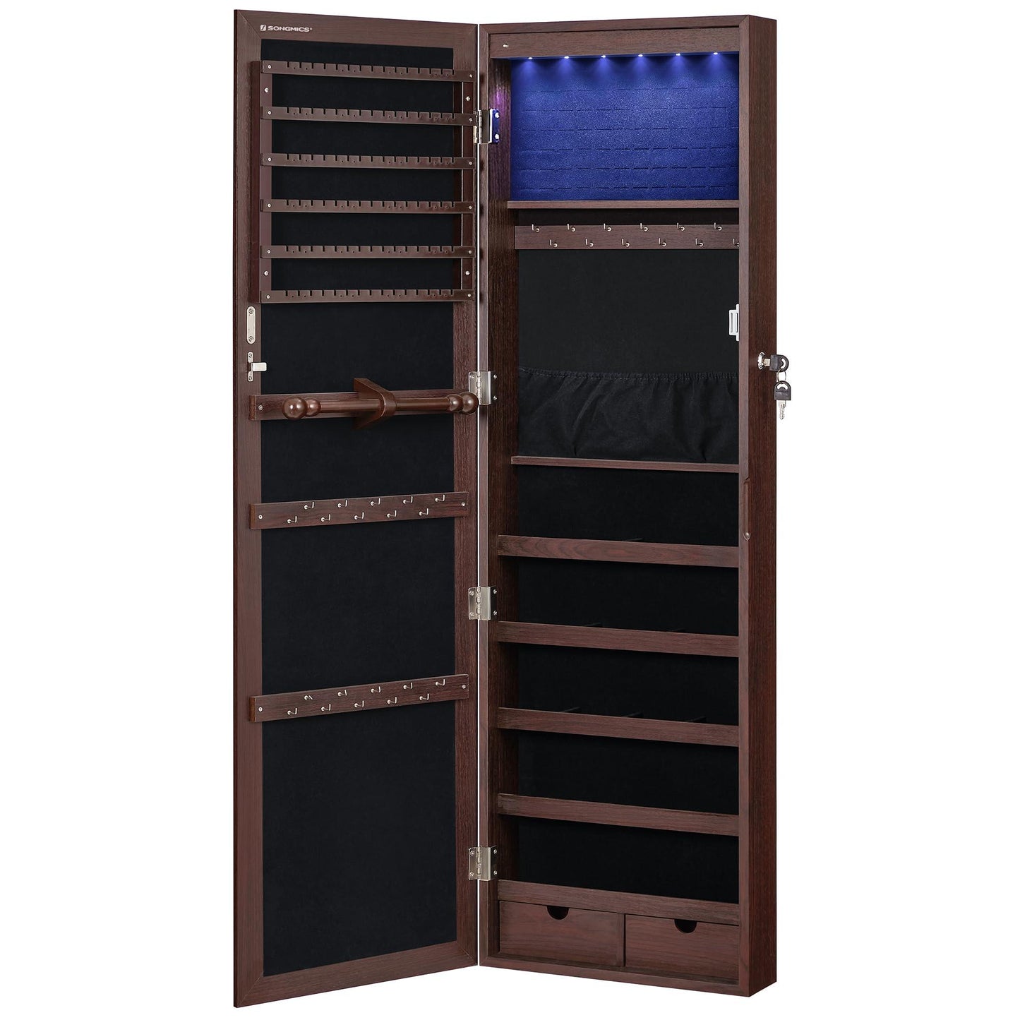 SONGMICS 6 LEDs Mirror Jewelry Cabinet, 47.2-Inch Tall Lockable Wall or Door Mounted Jewelry Armoire Organizer with Mirror, 2 Drawers, 3.9 x 14.6 x 47.2 Inches, White UJJC93W