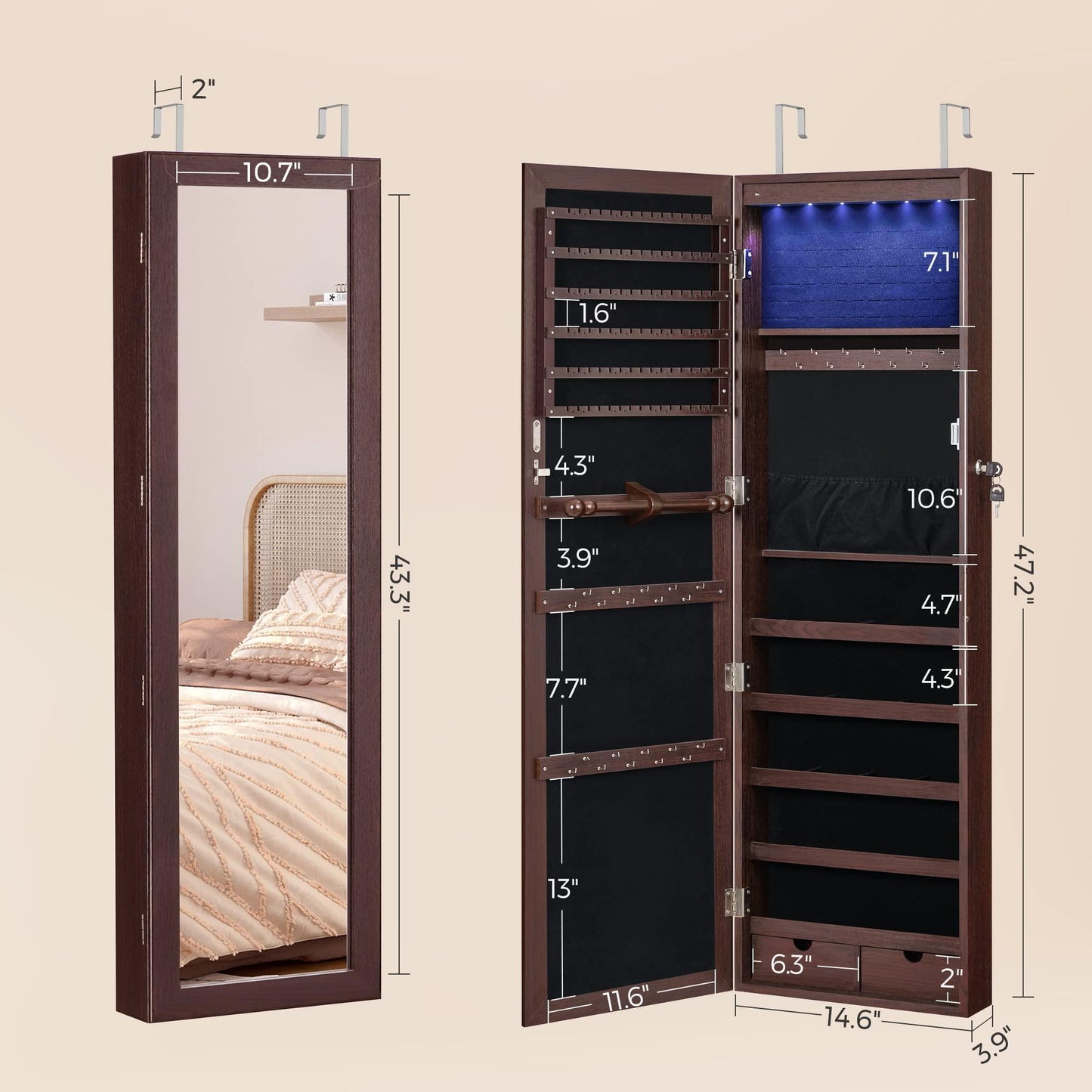 SONGMICS 6 LEDs Mirror Jewelry Cabinet, 47.2-Inch Tall Lockable Wall or Door Mounted Jewelry Armoire Organizer with Mirror, 2 Drawers, 3.9 x 14.6 x 47.2 Inches, White UJJC93W