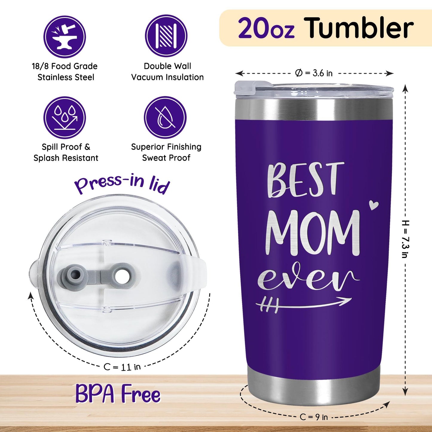 Cadeaux de fête des mères TEEZWONDER pour maman de la part de sa fille et de son fils - Gobelet à café isotherme en acier inoxydable de 59 cl avec couvercle - Cadeaux d'anniversaire pour maman, belle-mère, belle-mère, grand-mère