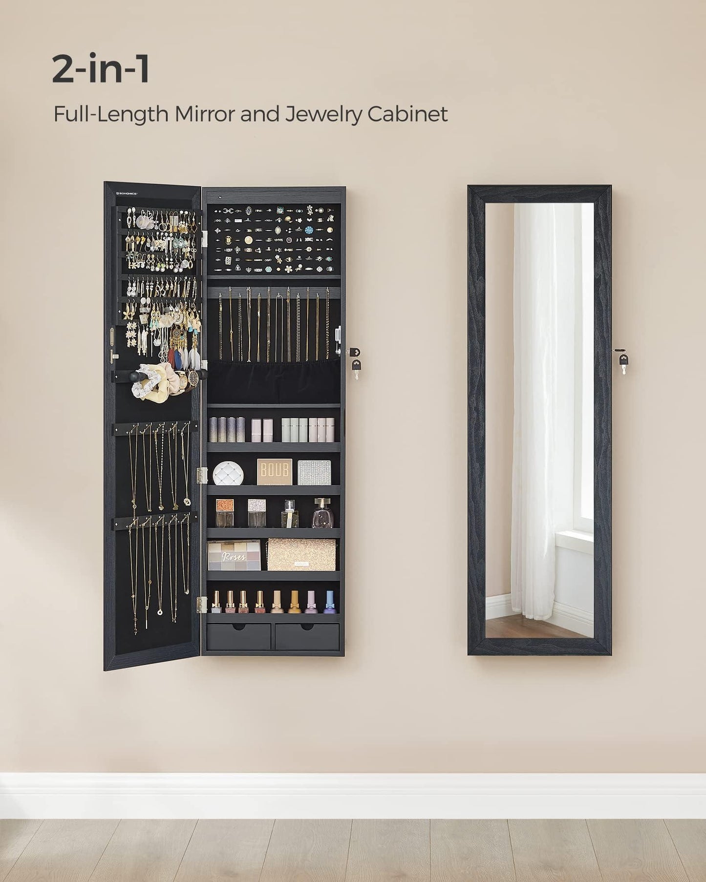 SONGMICS 6 LEDs Mirror Jewelry Cabinet, 47.2-Inch Tall Lockable Wall or Door Mounted Jewelry Armoire Organizer with Mirror, 2 Drawers, 3.9 x 14.6 x 47.2 Inches, White UJJC93W