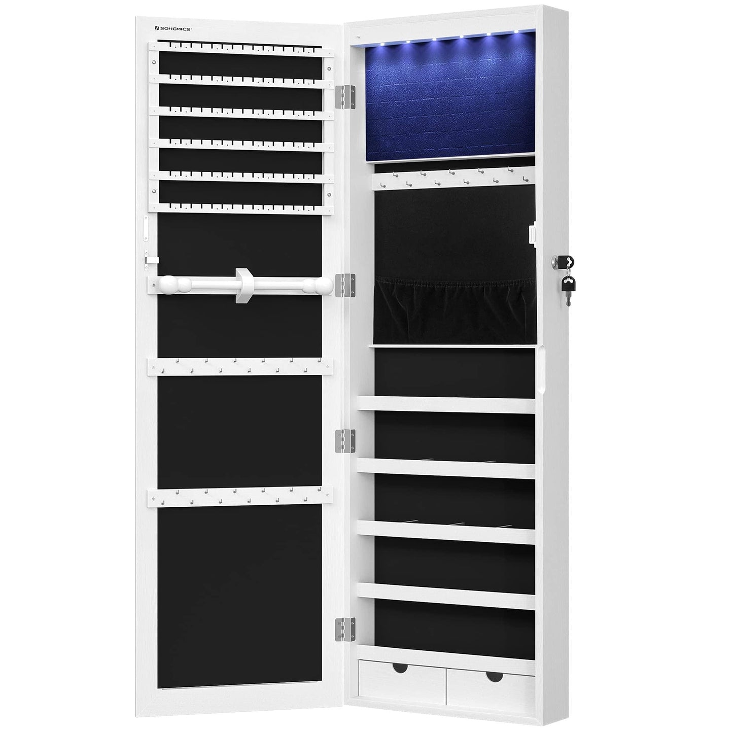 SONGMICS 6 LEDs Mirror Jewelry Cabinet, 47.2-Inch Tall Lockable Wall or Door Mounted Jewelry Armoire Organizer with Mirror, 2 Drawers, 3.9 x 14.6 x 47.2 Inches, White UJJC93W