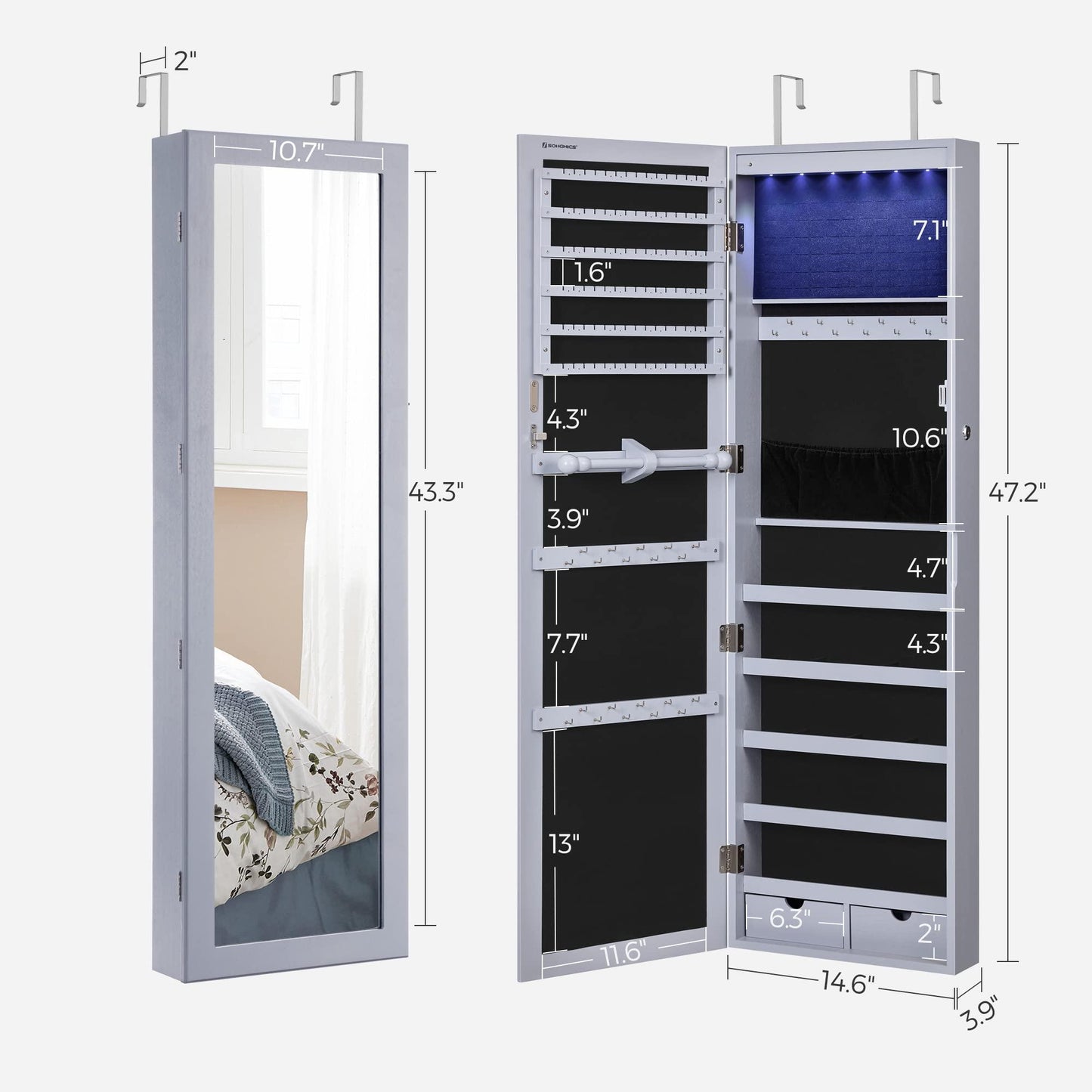 SONGMICS 6 LEDs Mirror Jewelry Cabinet, 47.2-Inch Tall Lockable Wall or Door Mounted Jewelry Armoire Organizer with Mirror, 2 Drawers, 3.9 x 14.6 x 47.2 Inches, White UJJC93W