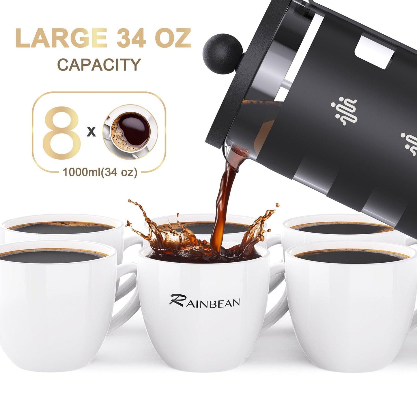 Cafetière à piston RAINBEAN, nettoyage facile, verre borosilicate résistant à la chaleur