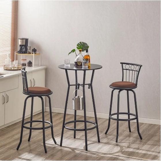 Ensemble de 3 tables et chaises de bar pour salle à manger, chaises de bar industrielles à hauteur de comptoir avec dossier en métal et assise en tissu