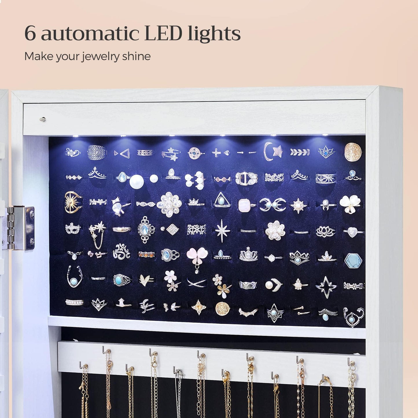 SONGMICS 6 LEDs Mirror Jewelry Cabinet, 47.2-Inch Tall Lockable Wall or Door Mounted Jewelry Armoire Organizer with Mirror, 2 Drawers, 3.9 x 14.6 x 47.2 Inches, White UJJC93W