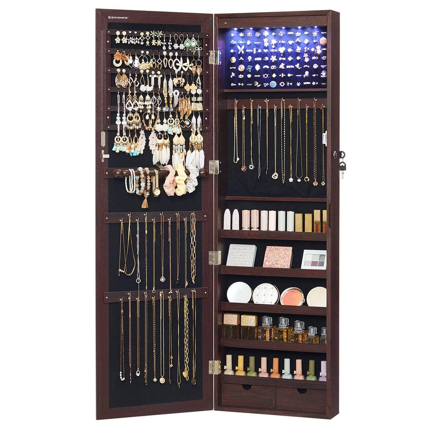 SONGMICS 6 LEDs Mirror Jewelry Cabinet, 47.2-Inch Tall Lockable Wall or Door Mounted Jewelry Armoire Organizer with Mirror, 2 Drawers, 3.9 x 14.6 x 47.2 Inches, White UJJC93W