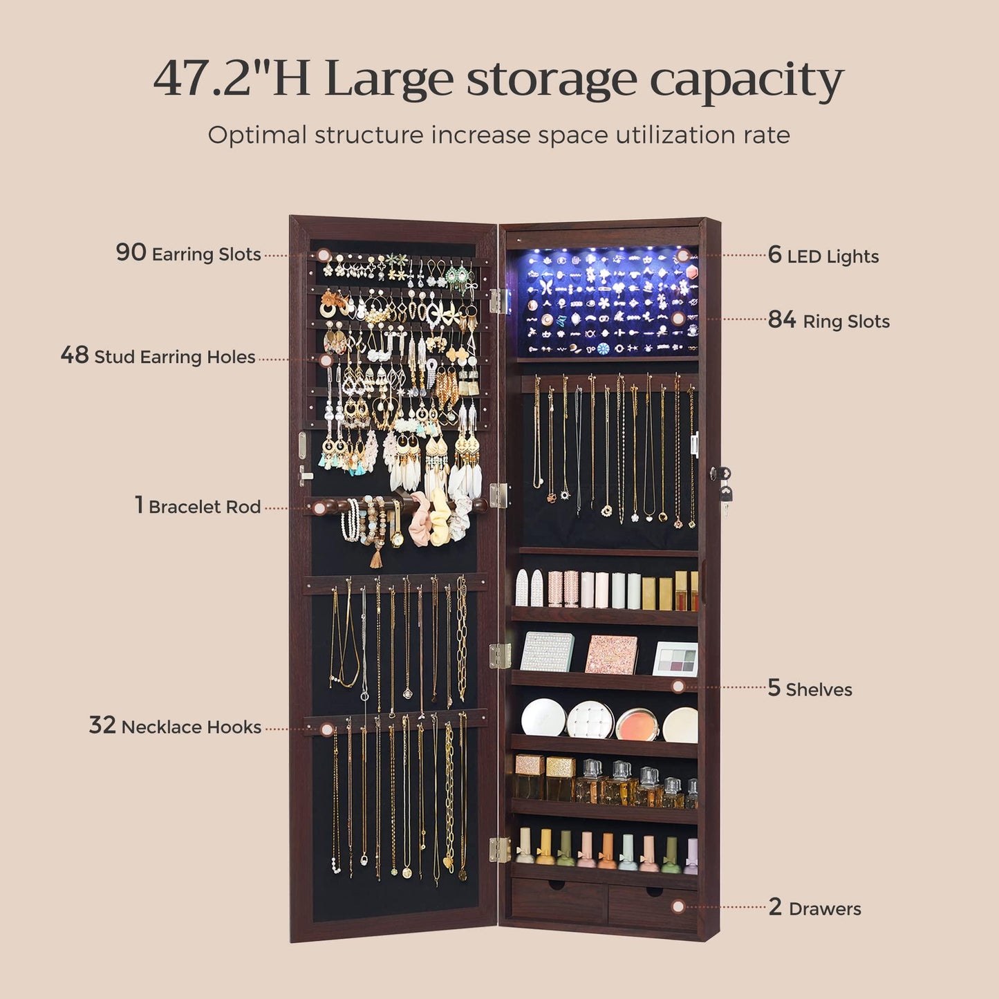 SONGMICS 6 LEDs Mirror Jewelry Cabinet, 47.2-Inch Tall Lockable Wall or Door Mounted Jewelry Armoire Organizer with Mirror, 2 Drawers, 3.9 x 14.6 x 47.2 Inches, White UJJC93W