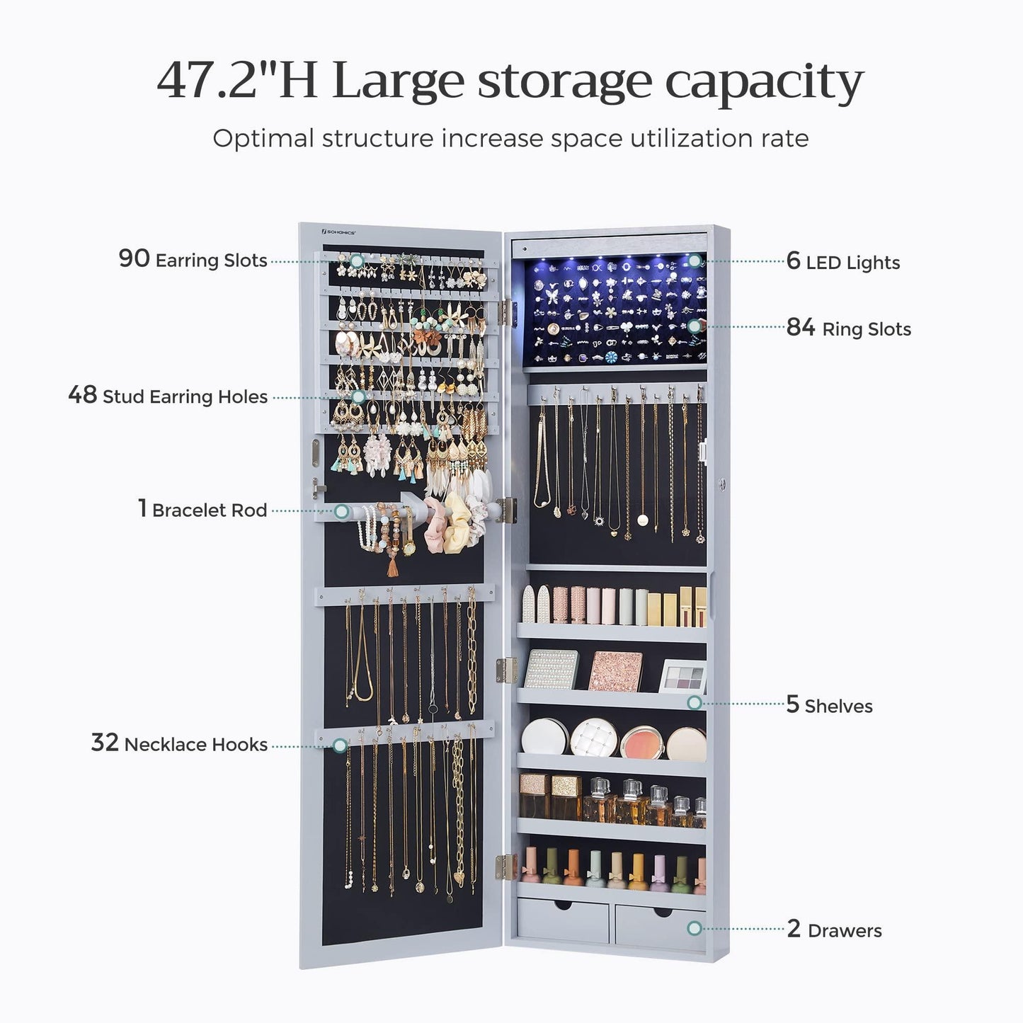 SONGMICS 6 LEDs Mirror Jewelry Cabinet, 47.2-Inch Tall Lockable Wall or Door Mounted Jewelry Armoire Organizer with Mirror, 2 Drawers, 3.9 x 14.6 x 47.2 Inches, White UJJC93W