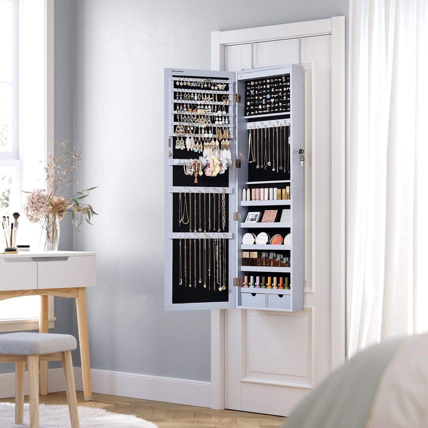 SONGMICS 6 LEDs Mirror Jewelry Cabinet, 47.2-Inch Tall Lockable Wall or Door Mounted Jewelry Armoire Organizer with Mirror, 2 Drawers, 3.9 x 14.6 x 47.2 Inches, White UJJC93W