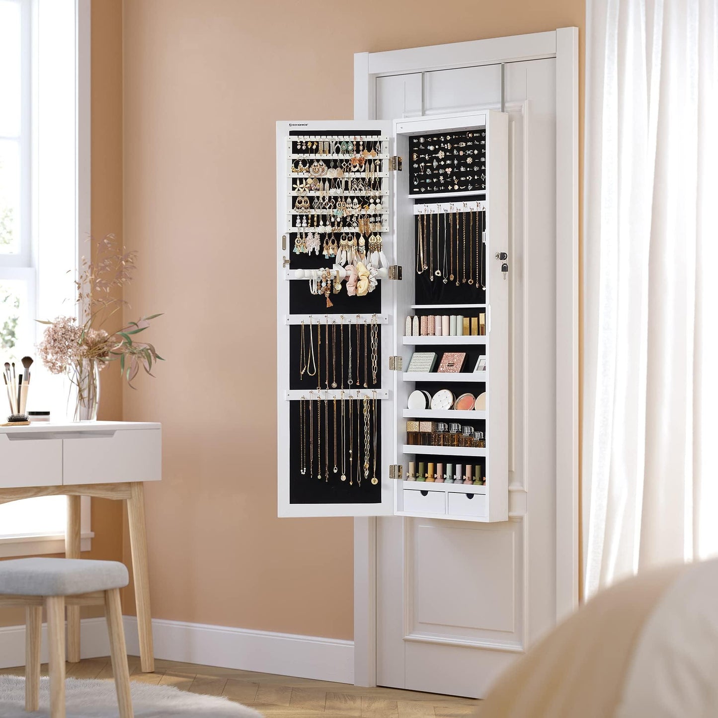 SONGMICS 6 LEDs Mirror Jewelry Cabinet, 47.2-Inch Tall Lockable Wall or Door Mounted Jewelry Armoire Organizer with Mirror, 2 Drawers, 3.9 x 14.6 x 47.2 Inches, White UJJC93W