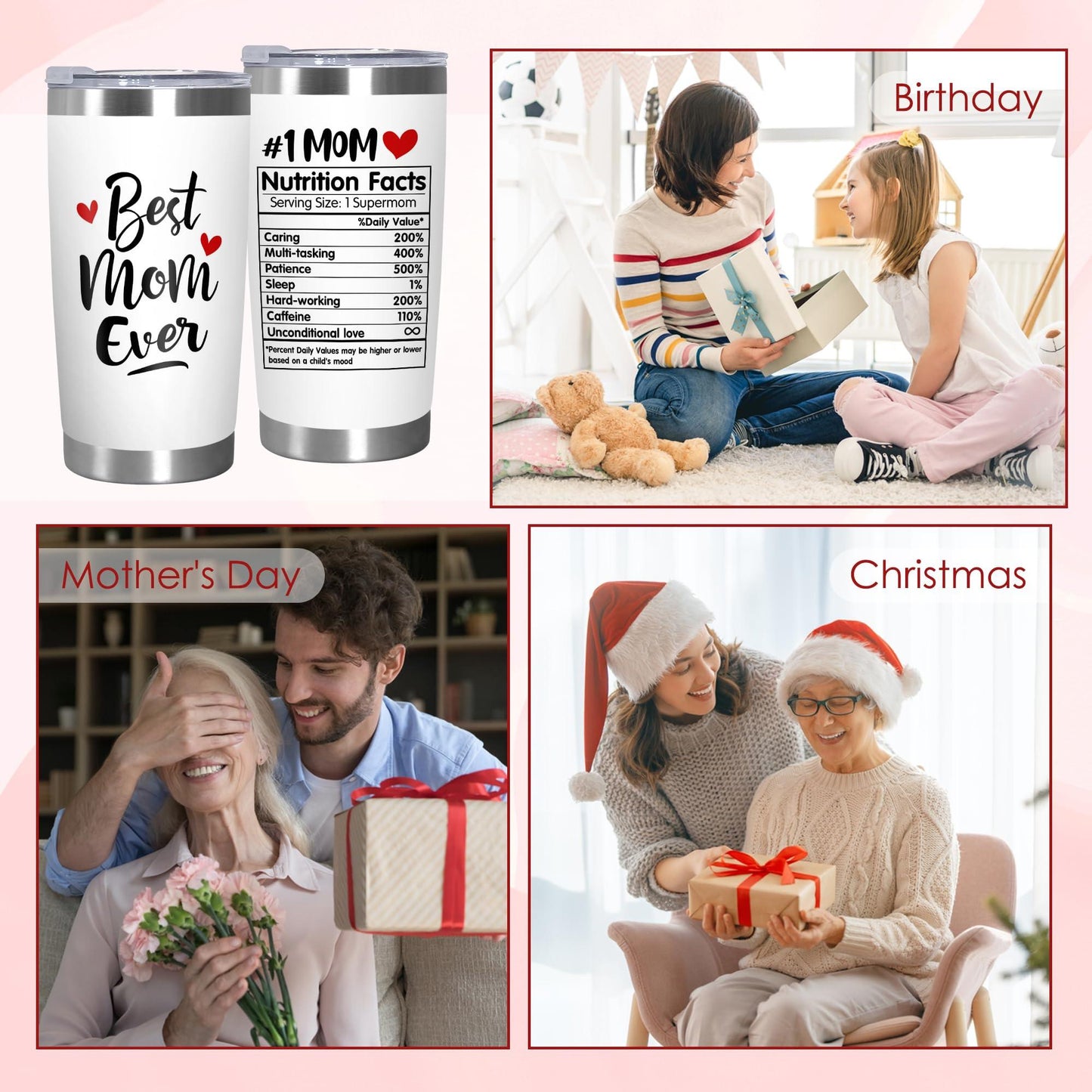 Cadeaux de fête des mères TEEZWONDER pour maman de la part de sa fille et de son fils - Gobelet à café isotherme en acier inoxydable de 59 cl avec couvercle - Cadeaux d'anniversaire pour maman, belle-mère, belle-mère, grand-mère
