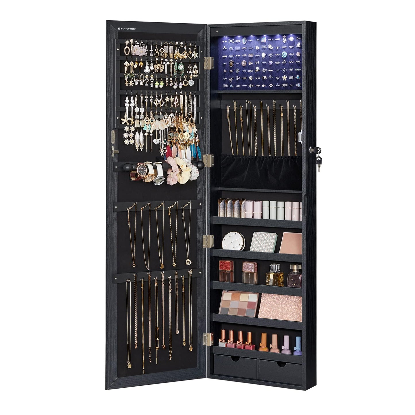 SONGMICS 6 LEDs Mirror Jewelry Cabinet, 47.2-Inch Tall Lockable Wall or Door Mounted Jewelry Armoire Organizer with Mirror, 2 Drawers, 3.9 x 14.6 x 47.2 Inches, White UJJC93W