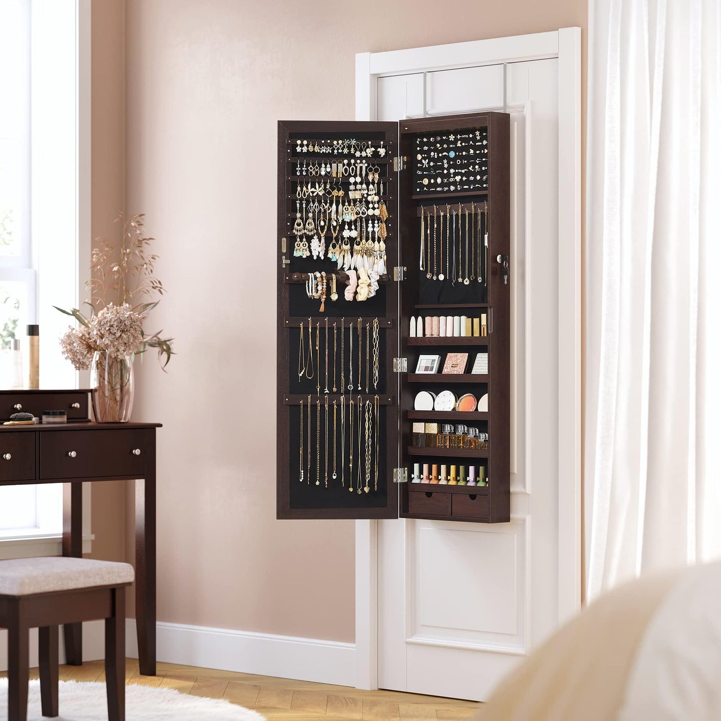 SONGMICS 6 LEDs Mirror Jewelry Cabinet, 47.2-Inch Tall Lockable Wall or Door Mounted Jewelry Armoire Organizer with Mirror, 2 Drawers, 3.9 x 14.6 x 47.2 Inches, White UJJC93W
