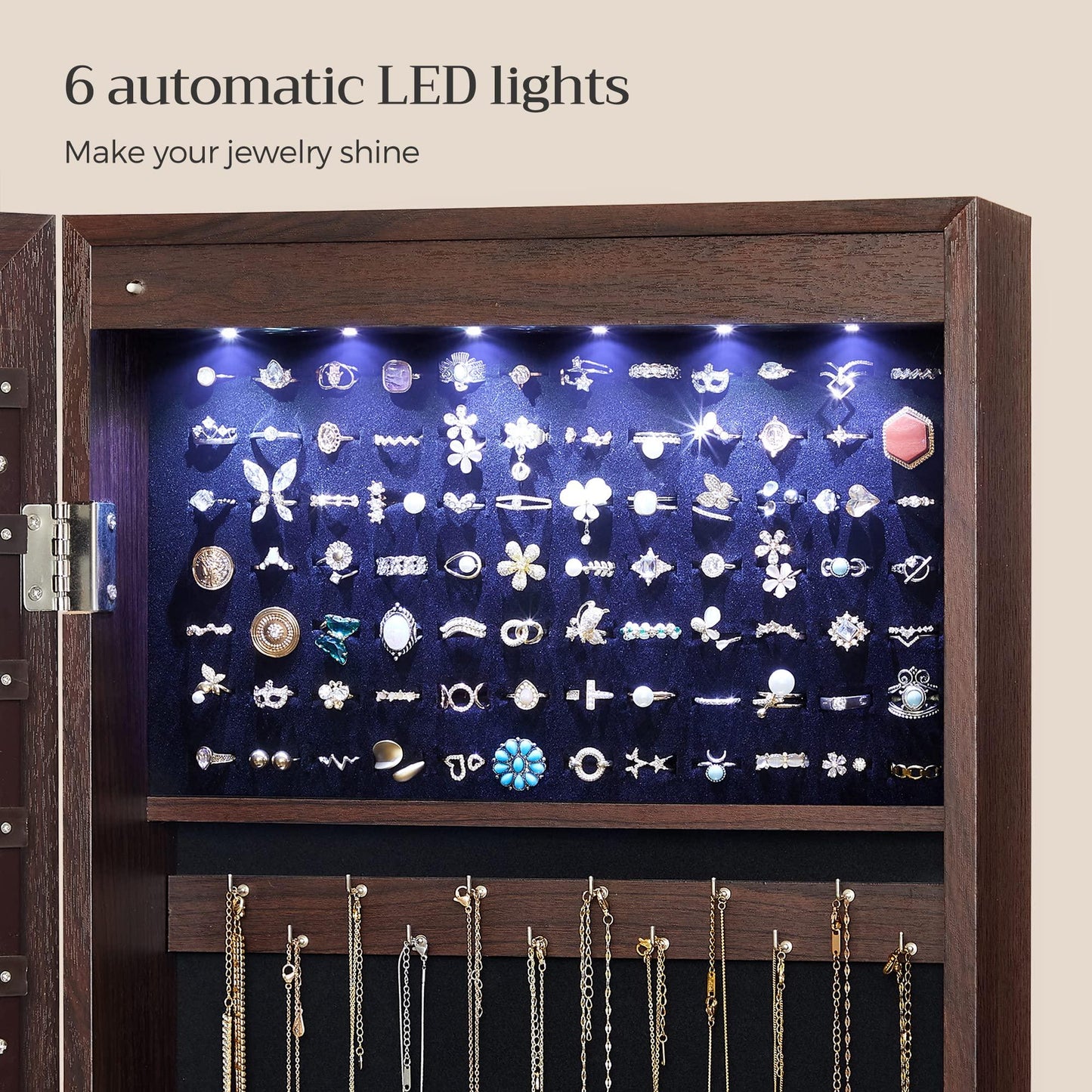 SONGMICS 6 LEDs Mirror Jewelry Cabinet, 47.2-Inch Tall Lockable Wall or Door Mounted Jewelry Armoire Organizer with Mirror, 2 Drawers, 3.9 x 14.6 x 47.2 Inches, White UJJC93W