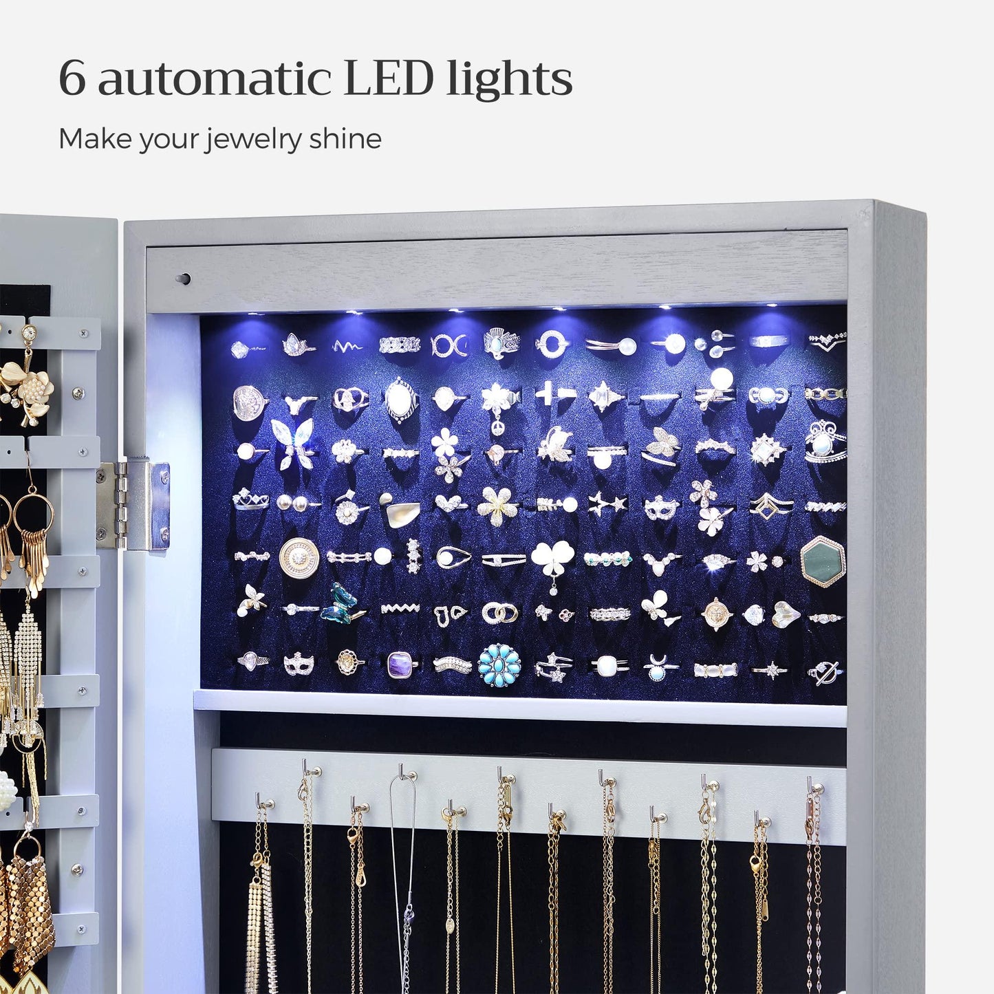 SONGMICS 6 LEDs Mirror Jewelry Cabinet, 47.2-Inch Tall Lockable Wall or Door Mounted Jewelry Armoire Organizer with Mirror, 2 Drawers, 3.9 x 14.6 x 47.2 Inches, White UJJC93W