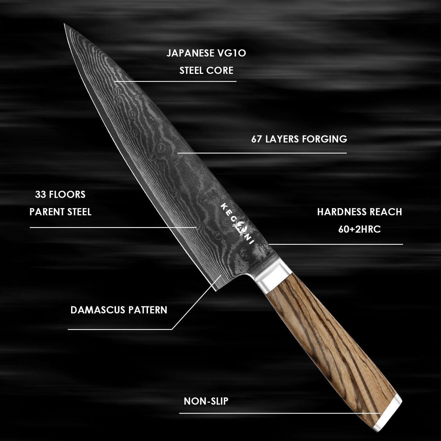 Couteau de chef Kegani - Couteau japonais 8 pouces, 67 couches d'acier Damas japonais VG-10, couteau de cuisine ultra tranchant, couteau de chef professionnel, couteau Gyuto - Manche ergonomique FullTang