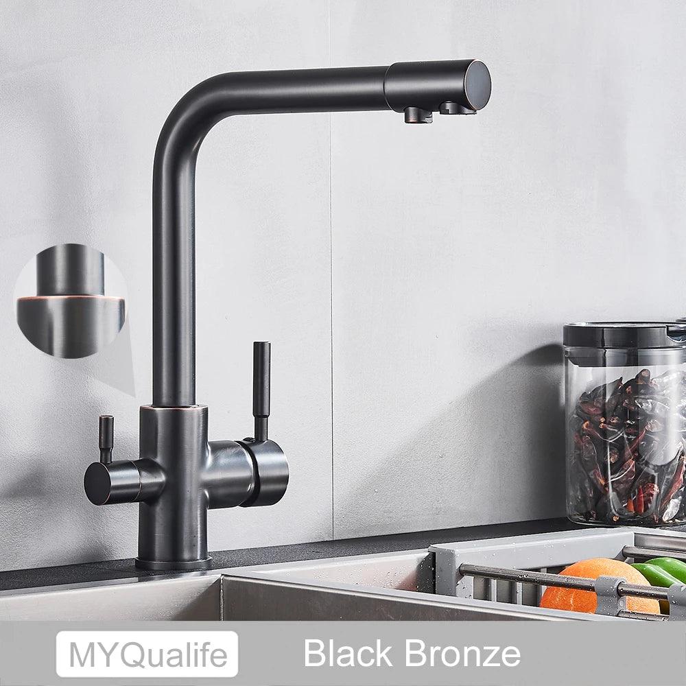 Robinet de cuisine en laiton noir mat, double poignée, eau chaude et froide, filtre à 3 voies, mitigeur de cuisine purifié