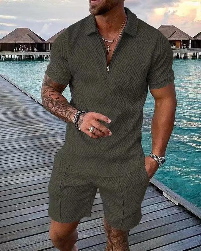 New 2025 Men's Polo Suit Fashion Men Sets Solid Summer V-neck Zipper Short Sleeve POLO Shirt+Shorts Two Pieces Men Casual Suit