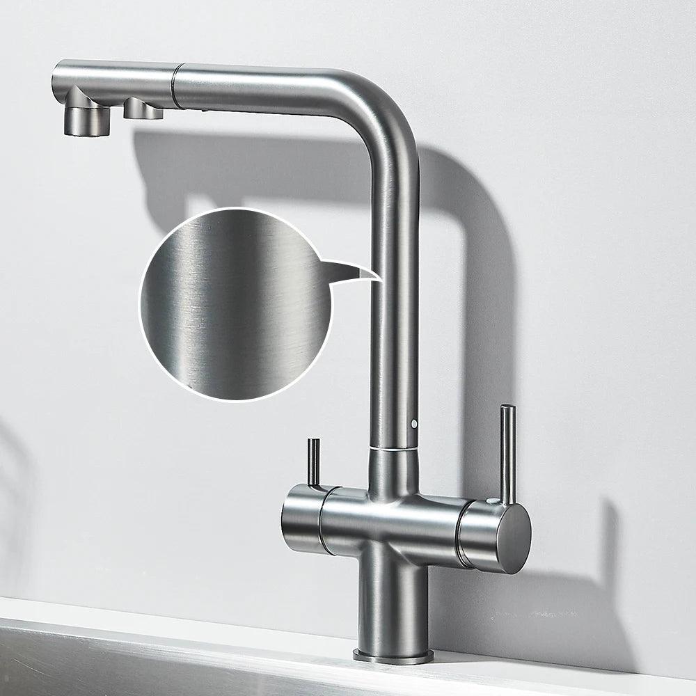 Robinet d'évier de cuisine filtré, douchette extractible, rotation à 360°, filtre à eau, double pulvérisateur, robinet d'eau potable, mitigeur d'évier