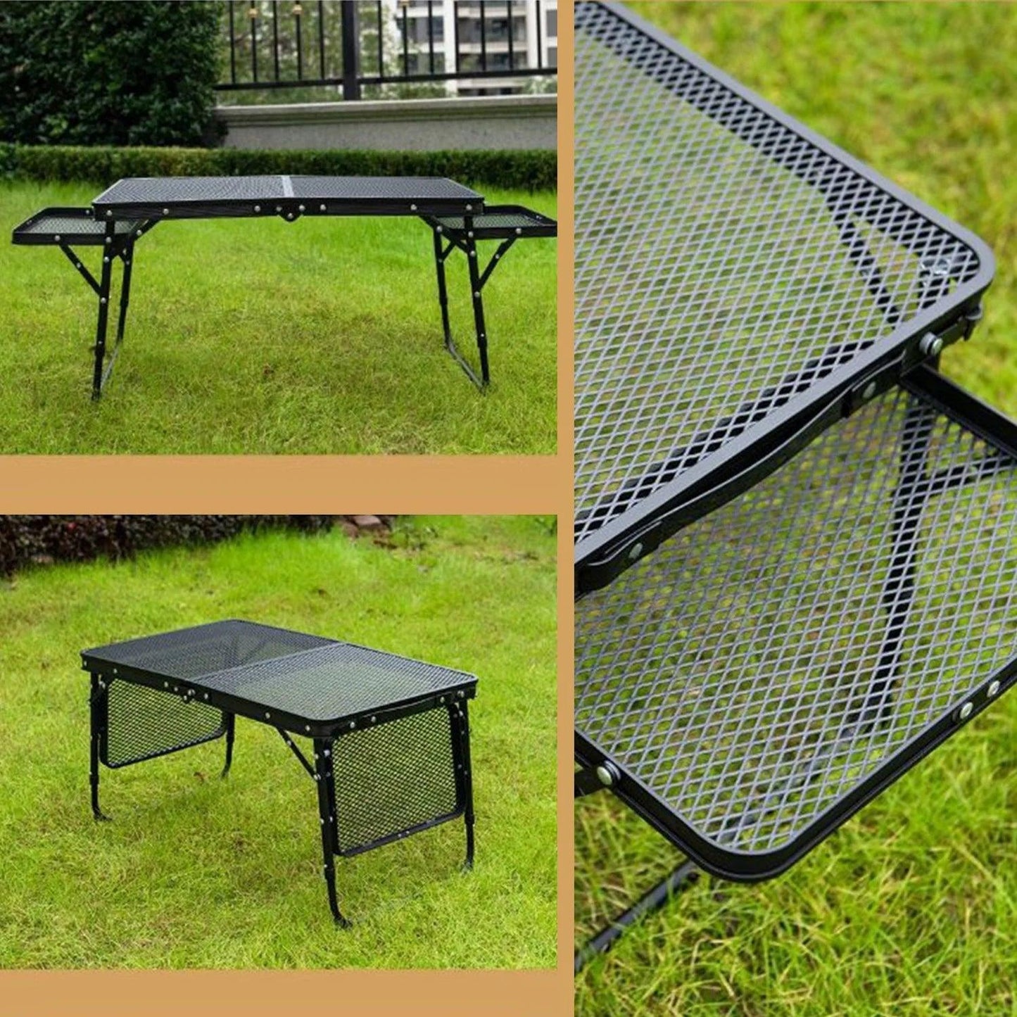 Table de camping pliante en maille de fer, table de camping portable en plein air avec étagère relevable, table à manger en alliage d'aluminium