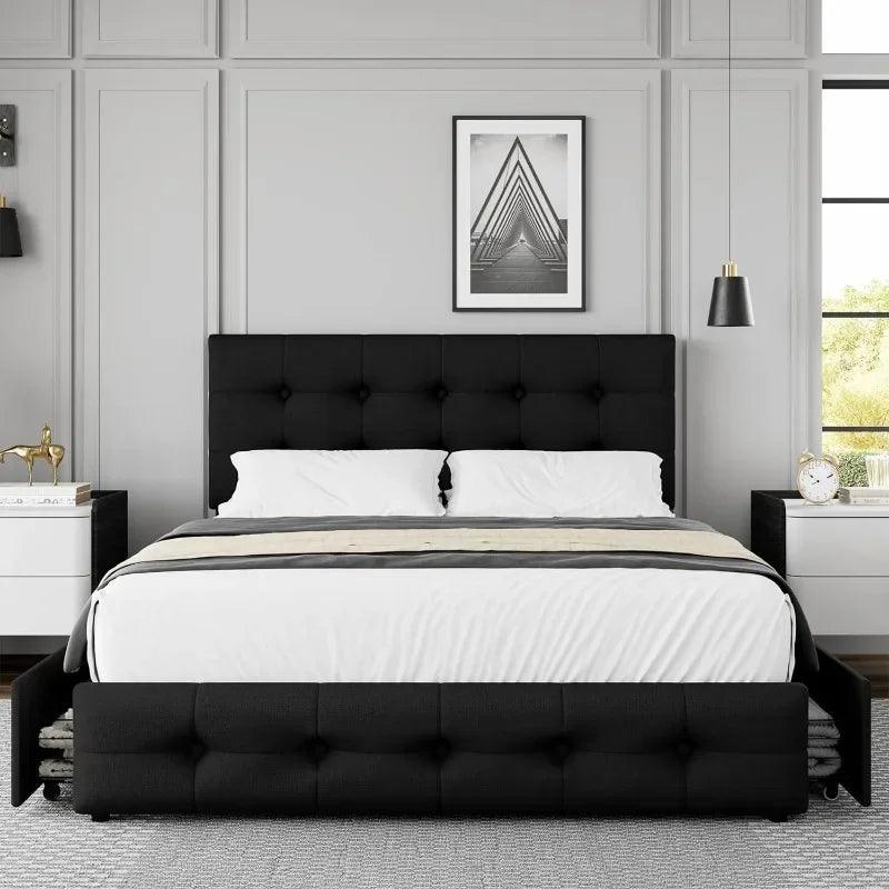 Queen Bed Frame with 4 Storage Drawers and Adjustable Headboard Upholstered Platform Bed with Button Tufted Design