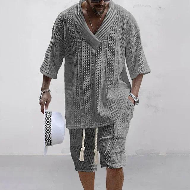Summer Casual Shorts Set Knitted Two Piece Men's Clothing V-Neck Short Sleeve T-shirt and Shorts Streetwear Knit Outfits