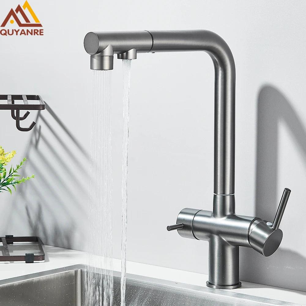 Robinet d'évier de cuisine filtré, douchette extractible, rotation à 360°, filtre à eau, double pulvérisateur, robinet d'eau potable, mitigeur d'évier